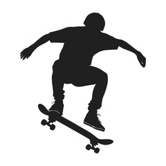 A bold, black silhouette of a skateboarder executing a skateboarding trick.