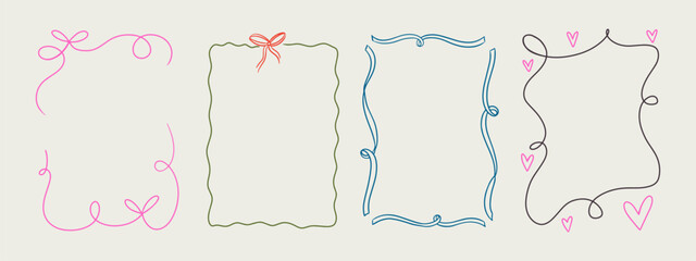 Set of elegant whimsical hand-drawn pink blue orange green color frames with wavy squiggle curly ribbons in trendy, vintage styles. Perfect for quirky holiday, wedding, birthday gift decorations
