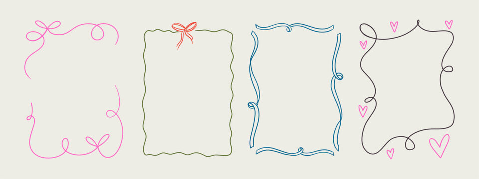Set of elegant whimsical hand-drawn pink blue orange green color frames with wavy squiggle curly ribbons in trendy, vintage styles. Perfect for quirky holiday, wedding, birthday gift decorations