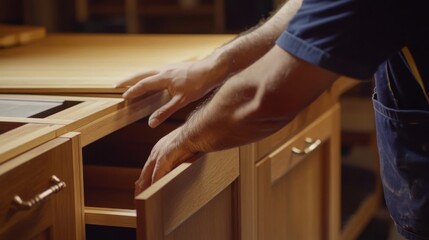 Obraz premium Hispanic carpenter assembling custom kitchen cabinets. Featuring carpentry and kitchen construction