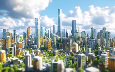 Obraz premium A vibrant city skyline showcasing modern skyscrapers and lush greenery, under a bright blue sky with fluffy clouds. This dynamic urban setting embodies innovation and growth.