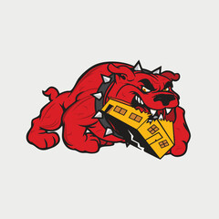 cartoon illustration of a bear in red Color holding house in mouth