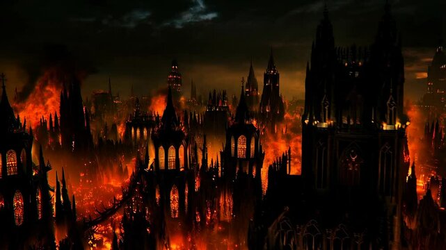 Dramatic cityscape ablaze: intense flames engulf medieval architecture