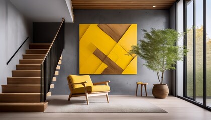 minimalist home interior design of modern living room transitional hallway with yellow artwork on concrete gray wall wooden staircase leads up to area with lounge chair with wooden arms and legs