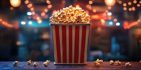 Popcorn bucket filled to the brim with fluffy popcorn in a vibrant movie theater setting