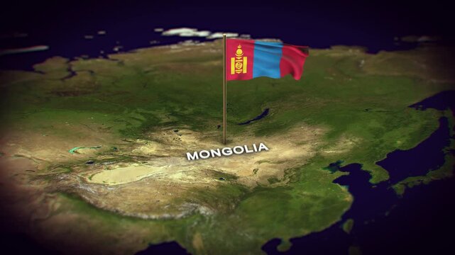 The Flag of Mongolia on the World Map, Mongolia map with flag 3d animation