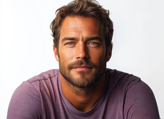 Obraz premium Portrait of a Confident Young Man with Beard and Brown Hair in Casual Purple Shirt Looking at Camera