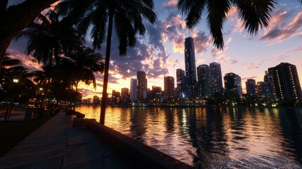 Obraz premium Sunset city stroll, palm trees, waterfront, vibrant skyline