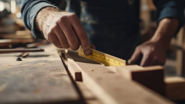 Carpenter measuring wood for a custom bookshelf. Featuring woodworking precision and interior design