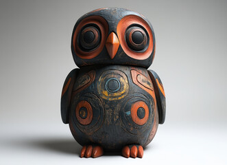 Obraz premium Intricately Carved Wooden Owl Sculpture with Tribal Patterns and Polished Finish on Neutral Background