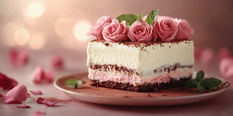 Elegant chocolate dessert topped with pink roses presented on a decorative plate at a celebration