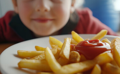 French fries with ketchup in the foreground and an excited child in the background, capturing the joy of eating fast food.