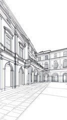 Architectural sketch of a grand courtyard with ornate buildings.
