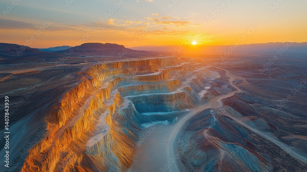 Poster aerial view of the bentonite hills after sunset showing the multi colored layers of clay and sediment near the mars desert research station near hanksville utah,photo stock