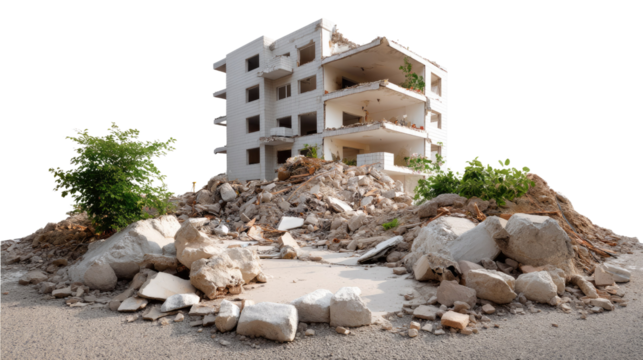 Ruined building and Debris: A haunting scene of urban decay unfolds with a dilapidated building surrounded by rubble, conveying a sense of destruction and the aftermath of a catastrophic event.