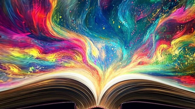 Vibrant explosion of colors emanating from an open book, symbolizing creativity and imagination