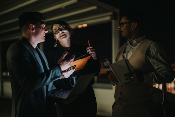 A group of business people having a meeting outdoors at night. They are collaborating, using technology, and exchanging ideas in a modern and dynamic work environment.