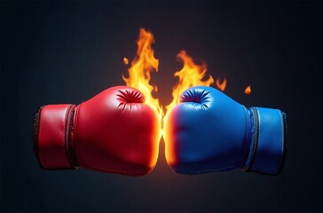 Dynamic Clash of Red and Blue Boxing Gloves with Flames