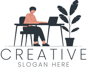 Person Working on Laptop Creative Minimalist Design Illustration art desk home flat icon  