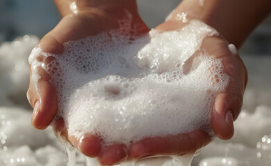 Fototapeta premium Hands holding soapy water with bubbles, emphasizing cleanliness, hygiene, and personal care.