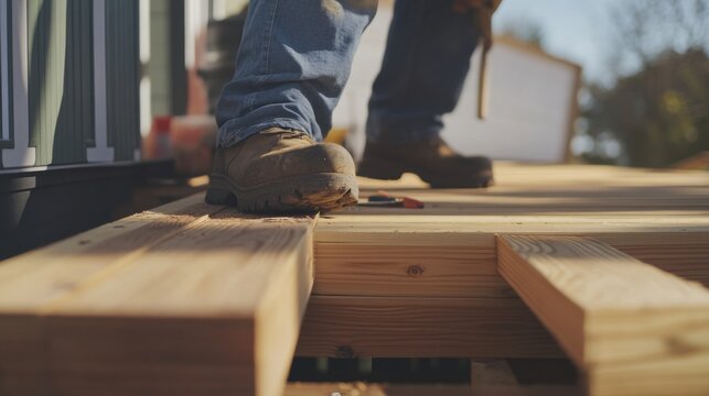 Hispanic carpenter building a custom wooden deck. Featuring carpentry and outdoor construction