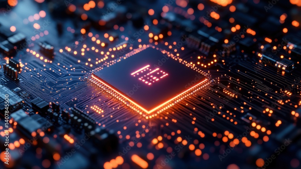 Poster ai semiconductor chip with neon effect on a tech circuit background rendered in glowing lines with a blue and purple color palette symbolizing dvanced artificial intelligence and technology