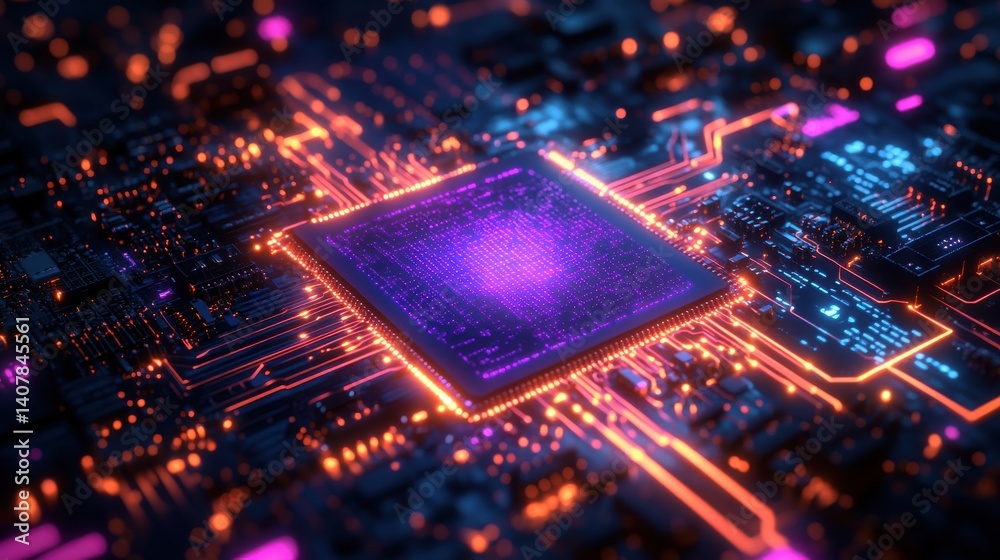 Poster ai semiconductor chip with neon effect on a tech circuit background rendered in glowing lines with a blue and purple color palette symbolizing dvanced artificial intelligence and technology