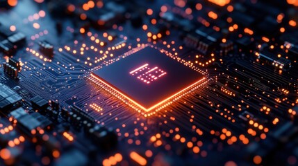 ai semiconductor chip with neon effect on a tech circuit background rendered in glowing lines with a blue and purple color palette symbolizing dvanced artificial intelligence and technology