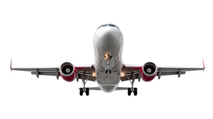 Soaring High: A modern passenger airplane in flight, viewed directly from the front, its wings and engines spread, capturing the essence of air travel and aviation technology.