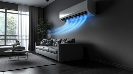 air conditioner and wind or air flow to show cool and fresh ac indoor unit or evaporator and wall mounted that is part of mini split system or ductless system type,stock photo