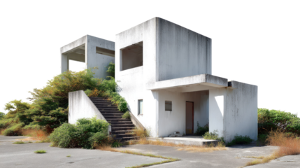 Modern Concrete Architecture: Minimalist design meets natural elements, showcasing a stark concrete structure embraced by greenery, embodying an architectural fusion of form and environment.