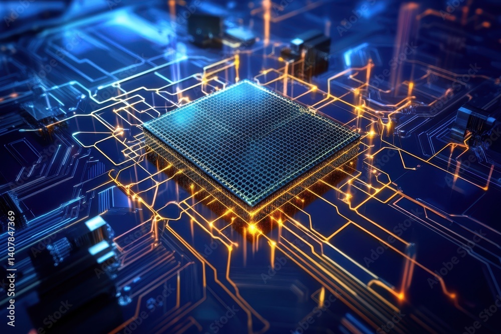 Poster advanced microprocessor chip glowing on a complex circuit board design