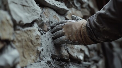 Mason applying a layer of cement to a stone wall. Featuring masonry skill and construction work