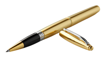 Naklejka premium Golden Pen: A close-up shot showcases a sleek, elegant, gold-colored pen with its cap open, suggesting the readiness for writing. This symbol of creativity, professionalism and craftsmanship.