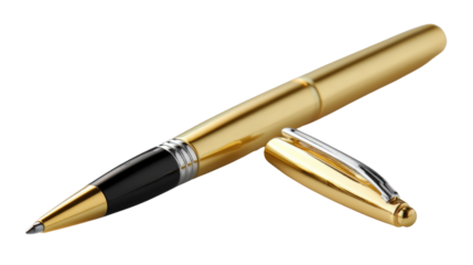 Golden Pen: A close-up shot showcases a sleek, elegant, gold-colored pen with its cap open, suggesting the readiness for writing. This symbol of creativity, professionalism and craftsmanship.