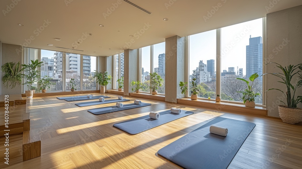 Poster an empty modern yoga room with pilates flooring and mats featuring a large window and a spacious interior creating a serene and inviting atmosphere for relaxation and exercise,photo stock