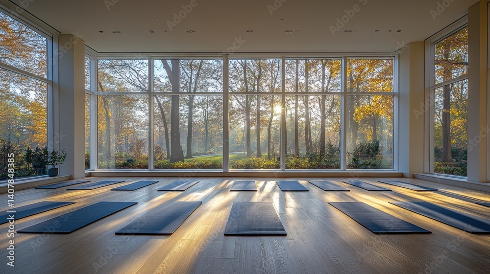 Poster an empty modern yoga room with pilates flooring and mats featuring a large window and a spacious interior creating a serene and inviting atmosphere for relaxation and exercise,stock photo