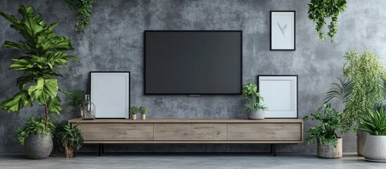 Modern living room, TV console, plants, concrete wall