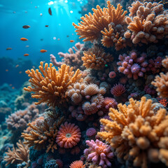 Fototapeta premium Capture the intricate details of coral formations and the vibrant marine life that inhabits them, focusing on textures and colors.