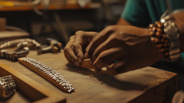 Hispanic carpenter building a wooden shelf in a workshop. Featuring woodworking and craftsmanship