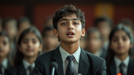 an image of a motivated indian student passionately participating in a debate highlighting critical thinking and public speaking skills
