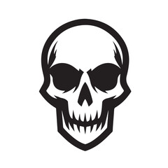 A stark black and white illustration of a stylized skull with sharp lines on a plain white background.eps