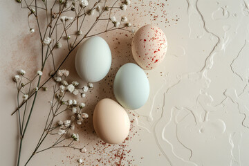 Modern minimalist Easter eggs in soft pastel tones, styled on a neutral flat-lay background. easter eggs with flowers,