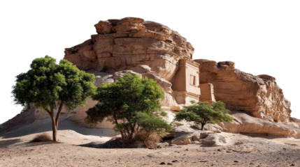 Ancient Rock-Cut Tombs: A remarkable glimpse into the past, revealing the architectural and cultural legacy of rock-cut tombs carved into towering sandstone formations, adorned with lush green trees.