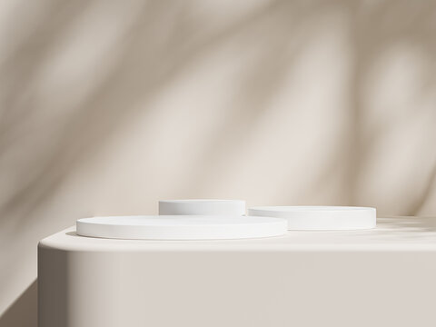 Minimalistic scene featuring two white circular podiums with tree shadows on a warm beige backdrop.