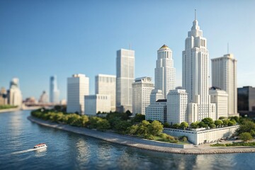 Obraz premium 3D Illustration of White City Buildings on River Island. tilt shift view - generatde by ai