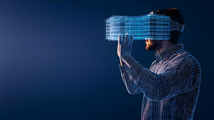 Man Immersed In Virtual Reality Experience Wearing Vr Headset With Digital Hologram In Dark Blue Background With Innovative Technology