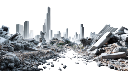 City Ruins: A post-apocalyptic urban landscape showcases the remnants of a once-thriving cityscape, now reduced to rubble and ruins, under a cloudy and misty sky.