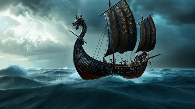 Ancient Viking ship sailing through stormy seas, its dragon-headed prow cutting through the waves