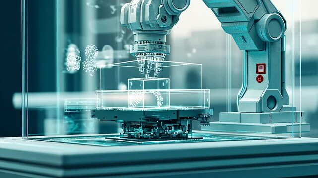 Robotic arm assembling 3D printed cubes in a transparent display case
